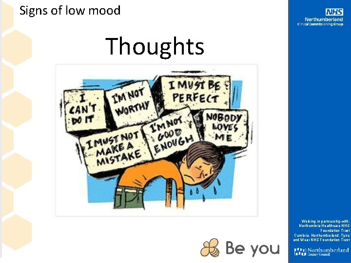 Signs of low mood Thoughts Working in partnership with: Northumbria Healthcare NHS Foundation Trust