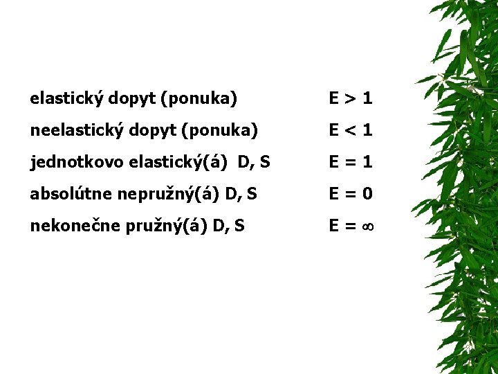 elastický dopyt (ponuka) E>1 neelastický dopyt (ponuka) E<1 jednotkovo elastický(á) D, S E=1 absolútne