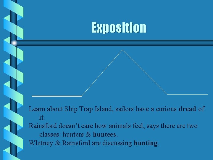 Exposition Learn about Ship Trap Island, sailors have a curious dread of it. Rainsford