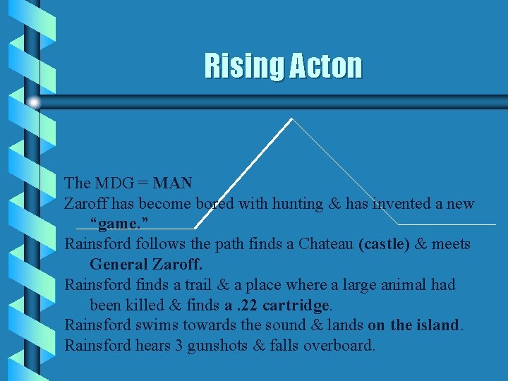 Rising Acton The MDG = MAN Zaroff has become bored with hunting & has