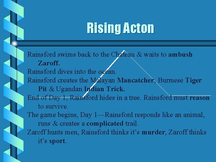 Rising Acton Rainsford swims back to the Chateau & waits to ambush Zaroff. Rainsford