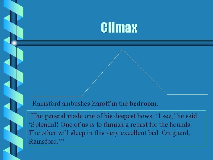 Climax Rainsford ambushes Zaroff in the bedroom. “The general made one of his deepest