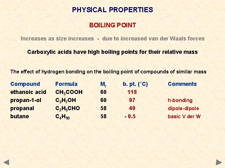 PHYSICAL PROPERTIES BOILING POINT Increases as size increases - due to increased van der