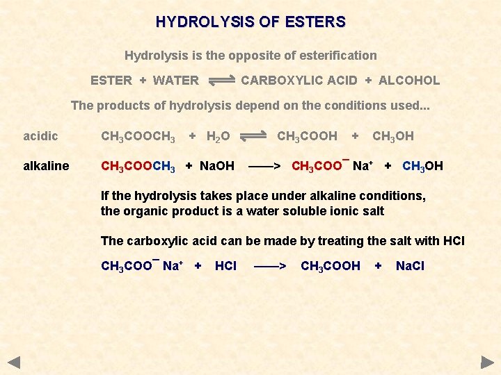 HYDROLYSIS OF ESTERS Hydrolysis is the opposite of esterification ESTER + WATER CARBOXYLIC ACID