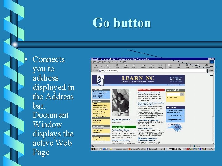 Go button • Connects you to address displayed in the Address bar. Document Window