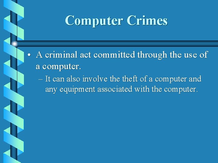 Computer Crimes • A criminal act committed through the use of a computer. –