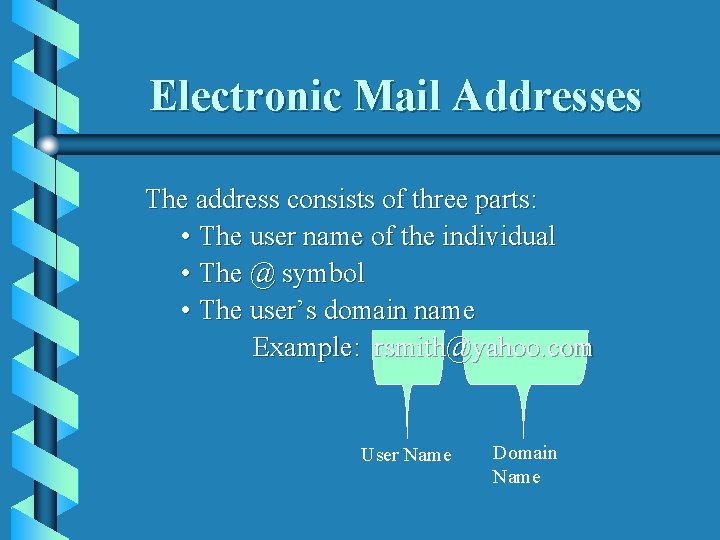 Electronic Mail Addresses The address consists of three parts: • The user name of