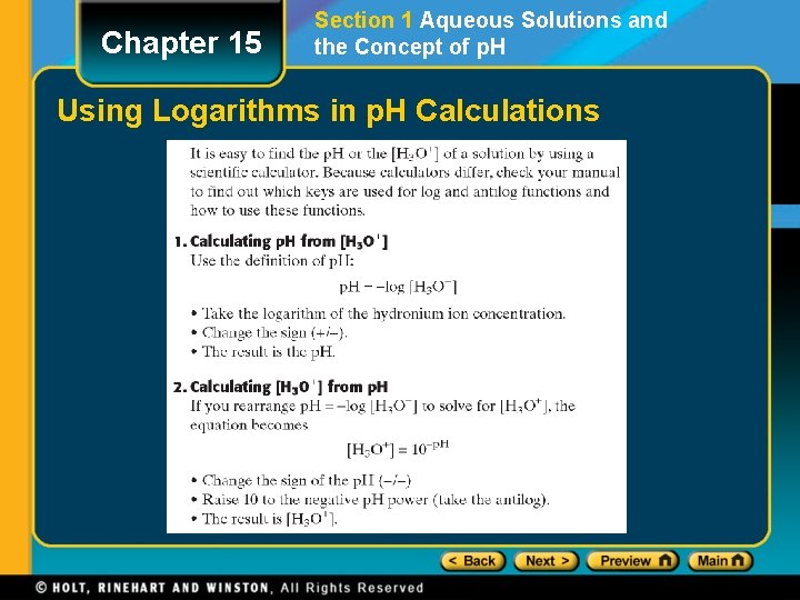 Chapter 15 Section 1 Aqueous Solutions and the Concept of p. H Using Logarithms