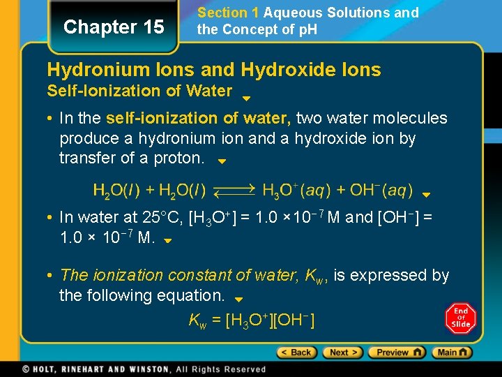 Chapter 15 Section 1 Aqueous Solutions and the Concept of p. H Hydronium Ions