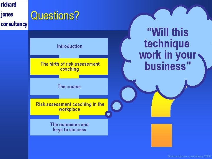 Questions? Introduction The birth of risk assessment coaching “Will this technique work in your