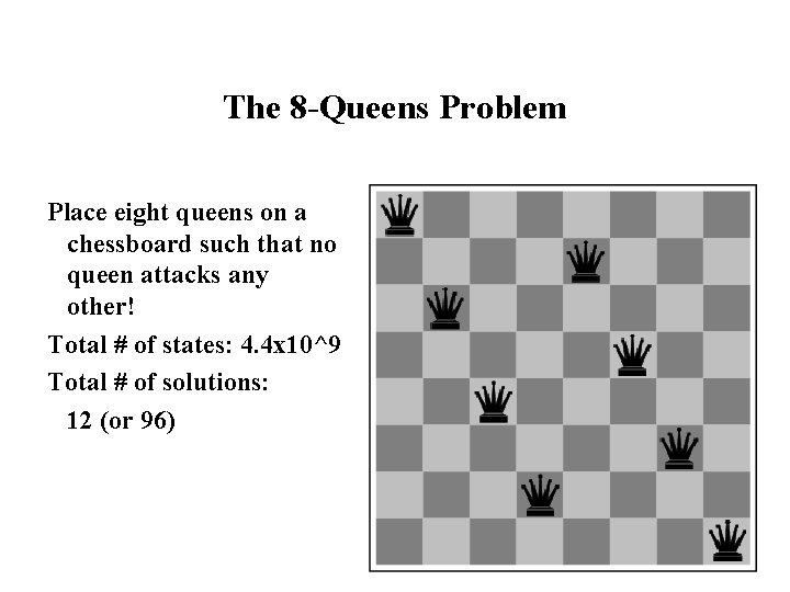 The 8 -Queens Problem Place eight queens on a chessboard such that no queen