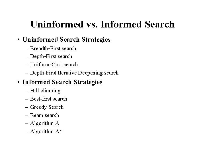 Uninformed vs. Informed Search • Uninformed Search Strategies – – Breadth-First search Depth-First search