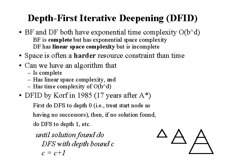 Depth-First Iterative Deepening (DFID) • BF and DF both have exponential time complexity O(b^d)