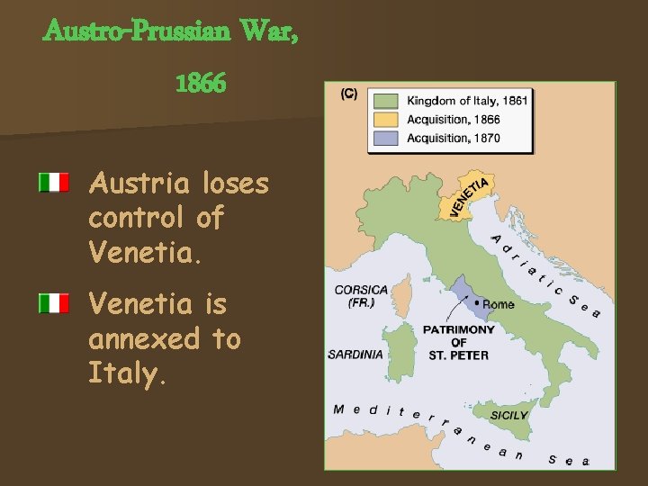 Austro-Prussian War, 1866 Austria loses control of Venetia is annexed to Italy. 