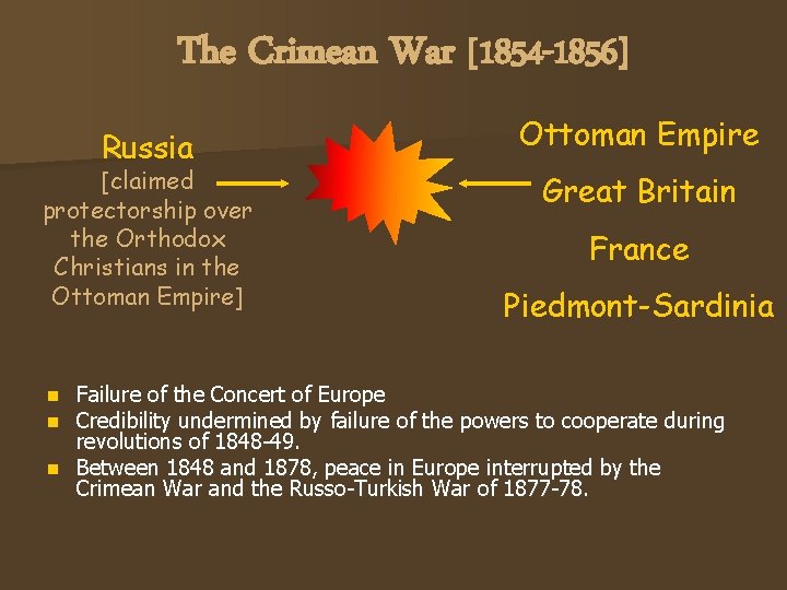 The Crimean War [1854 -1856] Russia [claimed protectorship over the Orthodox Christians in the