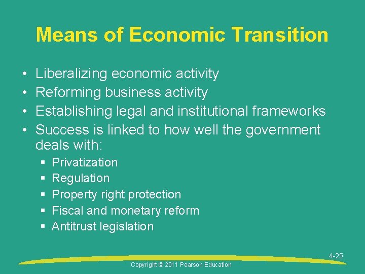 Means of Economic Transition • • Liberalizing economic activity Reforming business activity Establishing legal