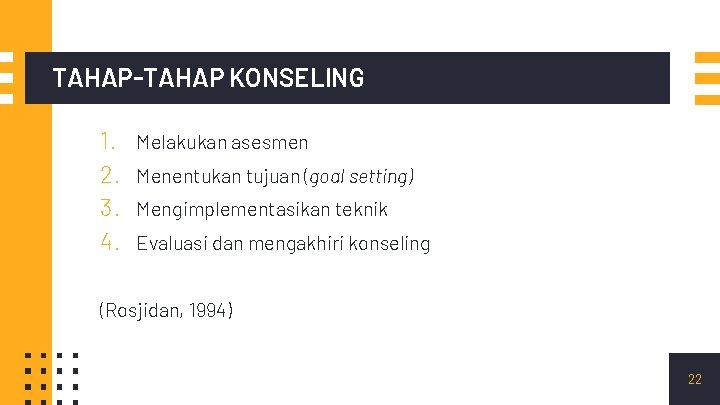 TAHAP-TAHAP KONSELING 1. 2. 3. 4. Melakukan asesmen Menentukan tujuan (goal setting) Mengimplementasikan teknik