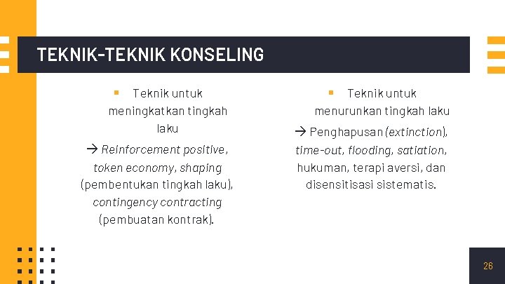 TEKNIK-TEKNIK KONSELING Teknik untuk meningkatkan tingkah laku ▪ Reinforcement positive, token economy, shaping (pembentukan