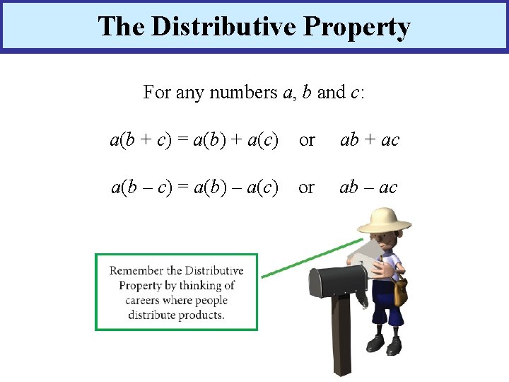 The Distributive Property For any numbers a, b and c: a(b + c) =