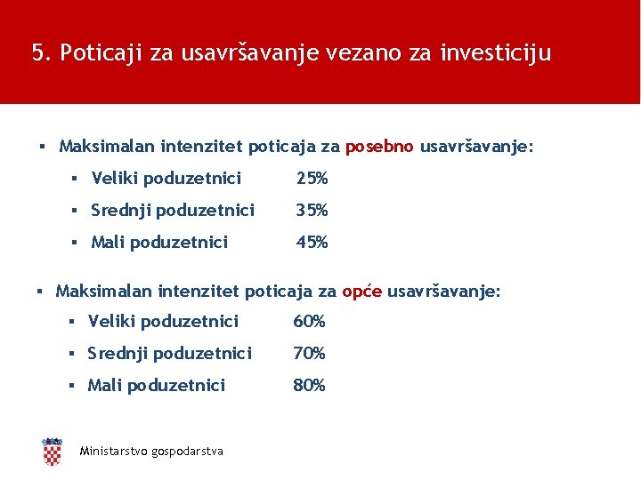 5. Poticaji za usavršavanje vezano za investiciju ▪ Maksimalan intenzitet poticaja za posebno usavršavanje: