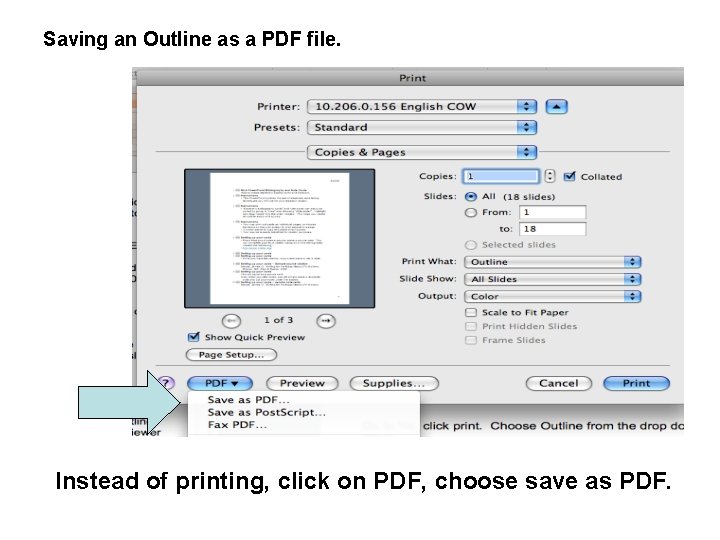 Saving an Outline as a PDF file. Instead of printing, click on PDF, choose
