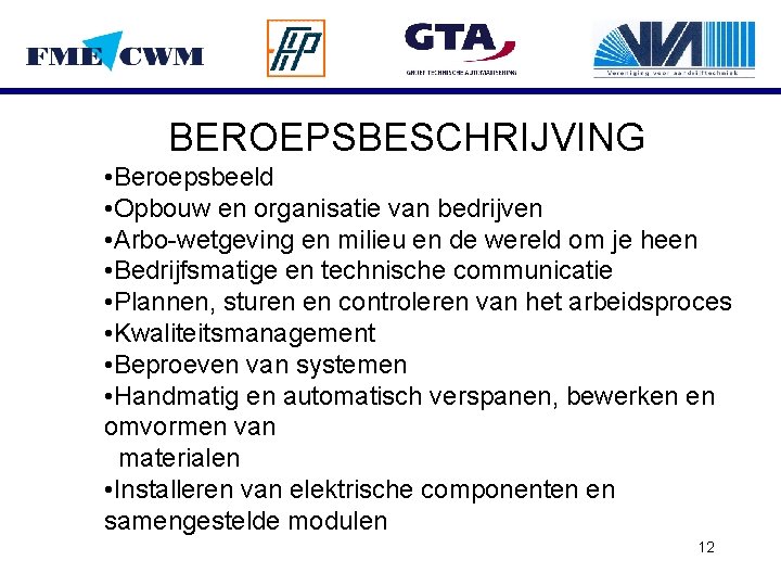 BEROEPSBESCHRIJVING • Beroepsbeeld • Opbouw en organisatie van bedrijven • Arbo-wetgeving en milieu en