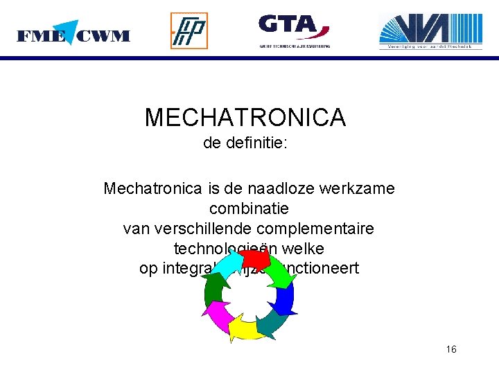 MECHATRONICA de definitie: Mechatronica is de naadloze werkzame combinatie van verschillende complementaire technologieën welke