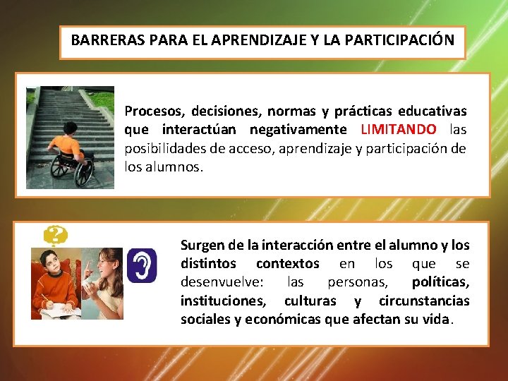 BARRERAS PARA EL APRENDIZAJE Y LA PARTICIPACIÓN Procesos, decisiones, normas y prácticas educativas que