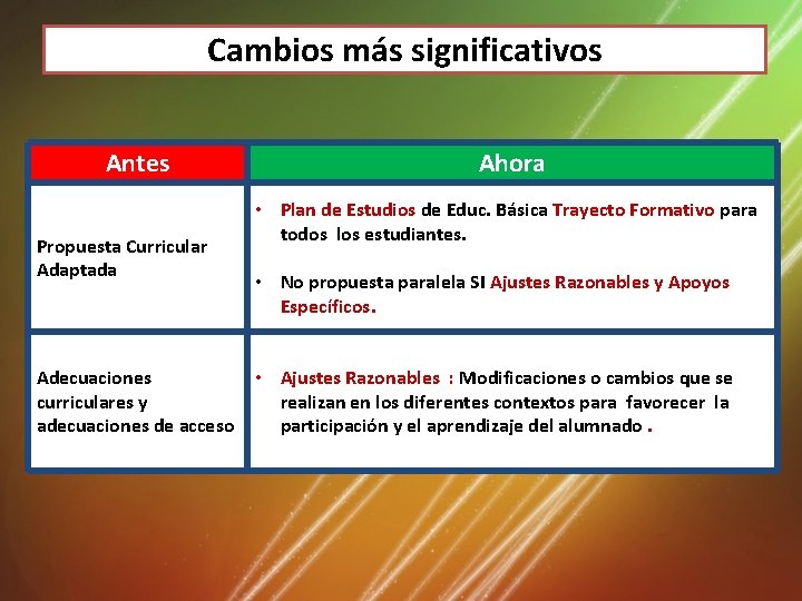 Cambios más significativos Antes Propuesta Curricular Adaptada Adecuaciones curriculares y adecuaciones de acceso Ahora