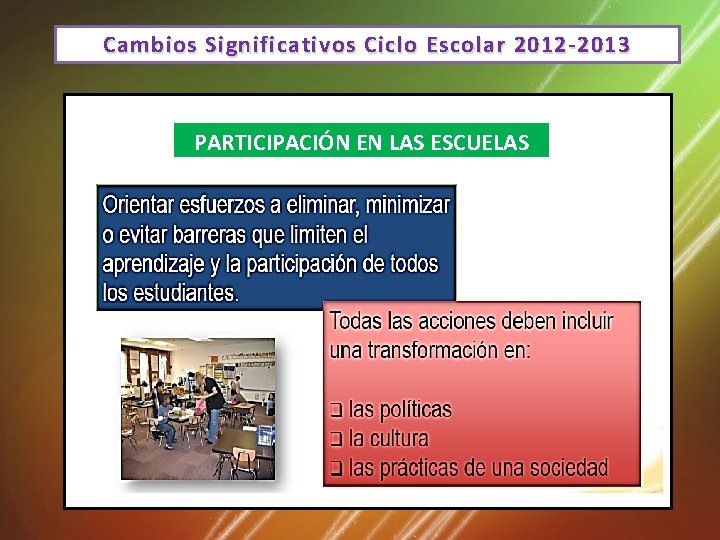 Cambios Significativos Ciclo Escolar 2012 -2013 PARTICIPACIÓN EN LAS ESCUELAS 