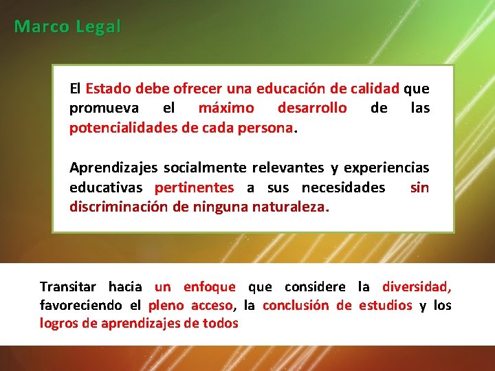 Marco Legal El Estado debe ofrecer una educación de calidad que promueva el máximo