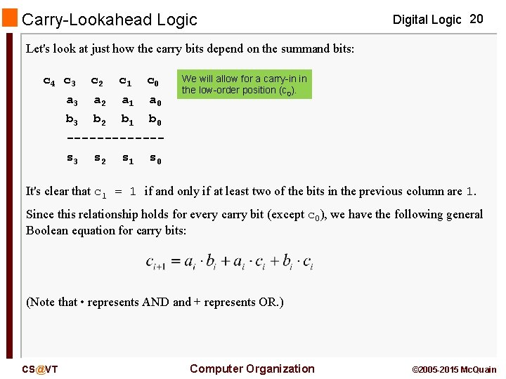 Carry-Lookahead Logic Digital Logic 20 Let's look at just how the carry bits depend