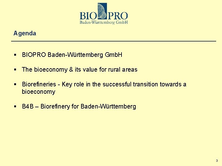 Agenda § BIOPRO Baden-Württemberg Gmb. H § The bioeconomy & its value for rural