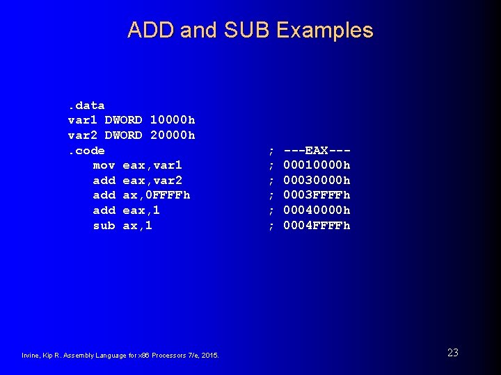 ADD and SUB Examples. data var 1 DWORD 10000 h var 2 DWORD 20000 ADD and SUB Examples. data var 1 DWORD 10000 h var 2 DWORD 20000