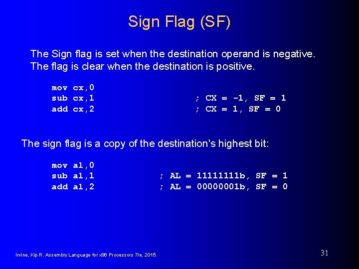 Sign Flag (SF) The Sign flag is set when the destination operand is negative. Sign Flag (SF) The Sign flag is set when the destination operand is negative.