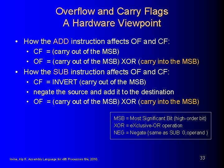 Overflow and Carry Flags A Hardware Viewpoint • How the ADD instruction affects OF Overflow and Carry Flags A Hardware Viewpoint • How the ADD instruction affects OF