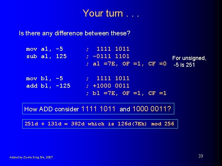 Your turn. . . Is there any difference between these? mov al, -5 sub Your turn. . . Is there any difference between these? mov al, -5 sub