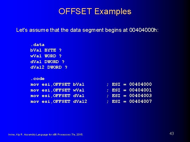 OFFSET Examples Let's assume that the data segment begins at 00404000 h: . data OFFSET Examples Let's assume that the data segment begins at 00404000 h: . data
