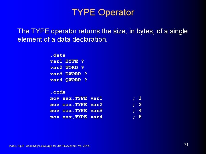 TYPE Operator The TYPE operator returns the size, in bytes, of a single element TYPE Operator The TYPE operator returns the size, in bytes, of a single element