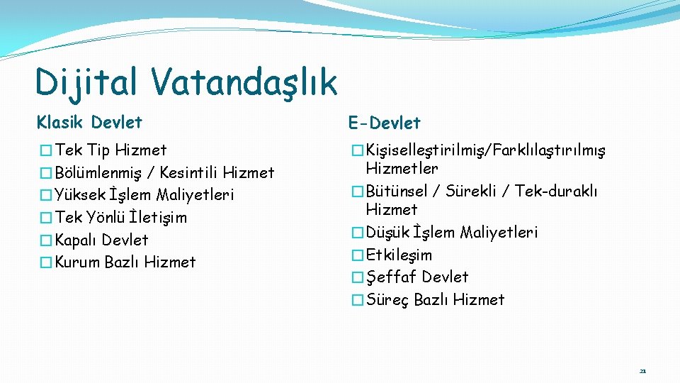 Dijital Vatandaşlık Klasik Devlet E-Devlet �Tek Tip Hizmet �Bölümlenmiş / Kesintili Hizmet �Yüksek İşlem