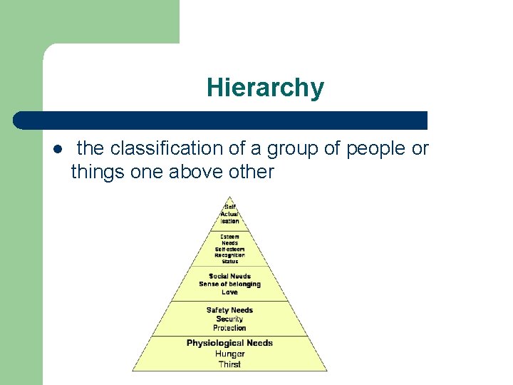 Hierarchy l the classification of a group of people or things one above other