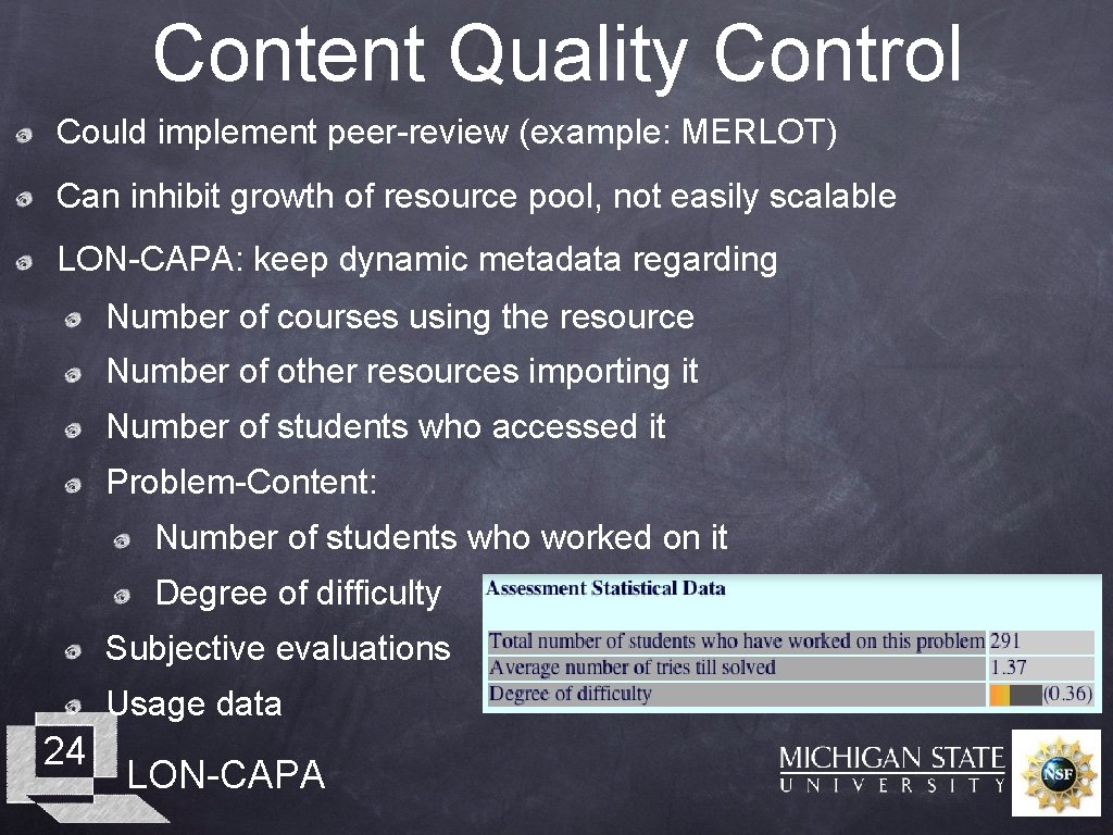 Content Quality Control Could implement peer-review (example: MERLOT) Can inhibit growth of resource pool,