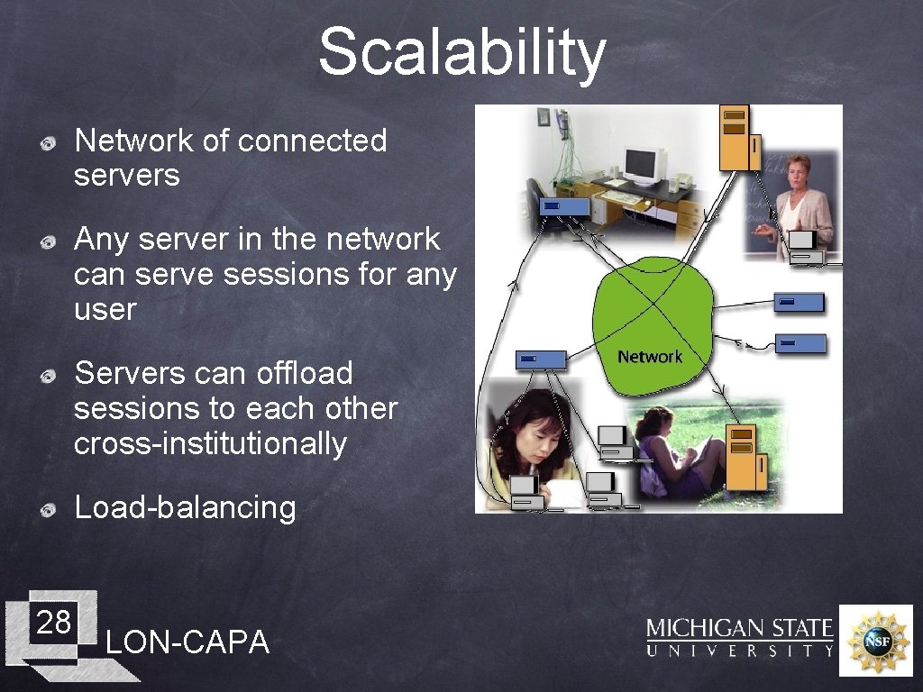 Scalability Network of connected servers Any server in the network can serve sessions for