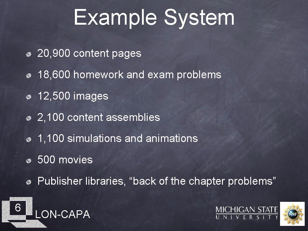 Example System 20, 900 content pages 18, 600 homework and exam problems 12, 500