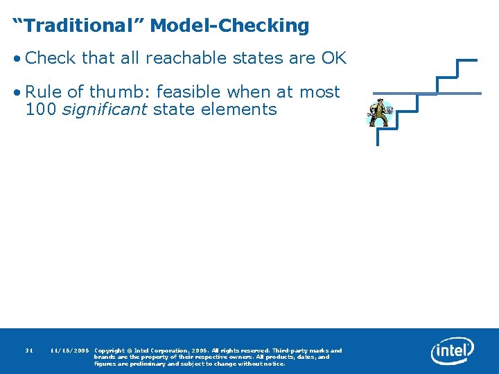 “Traditional” Model-Checking • Check that all reachable states are OK • Rule of thumb: