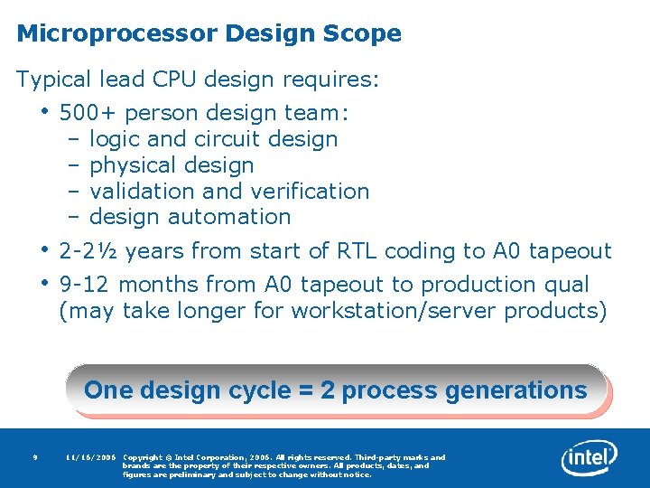 Microprocessor Design Scope Typical lead CPU design requires: • 500+ person design team: –