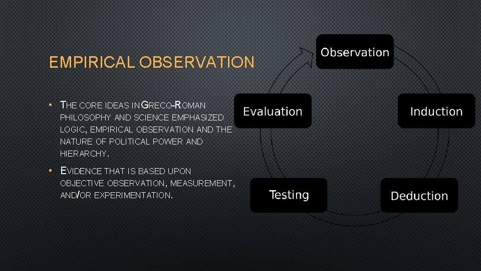 EMPIRICAL OBSERVATION • THE CORE IDEAS IN GRECO-ROMAN PHILOSOPHY AND SCIENCE EMPHASIZED LOGIC, EMPIRICAL