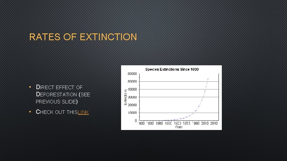 RATES OF EXTINCTION • DIRECT EFFECT OF DEFORESTATION (SEE PREVIOUS SLIDE) • CHECK OUT