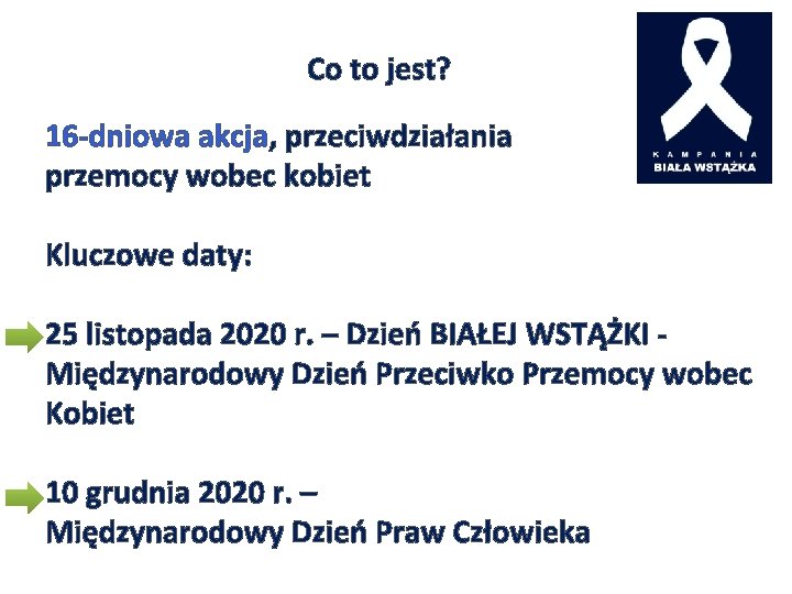 Co to jest? 16 -dniowa akcja, przeciwdziałania przemocy wobec kobiet Kluczowe daty: 25 listopada