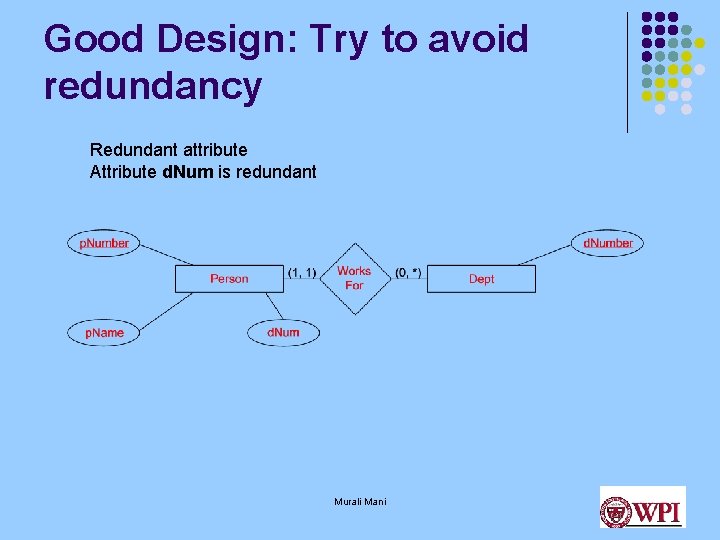 Good Design: Try to avoid redundancy Redundant attribute Attribute d. Num is redundant Murali